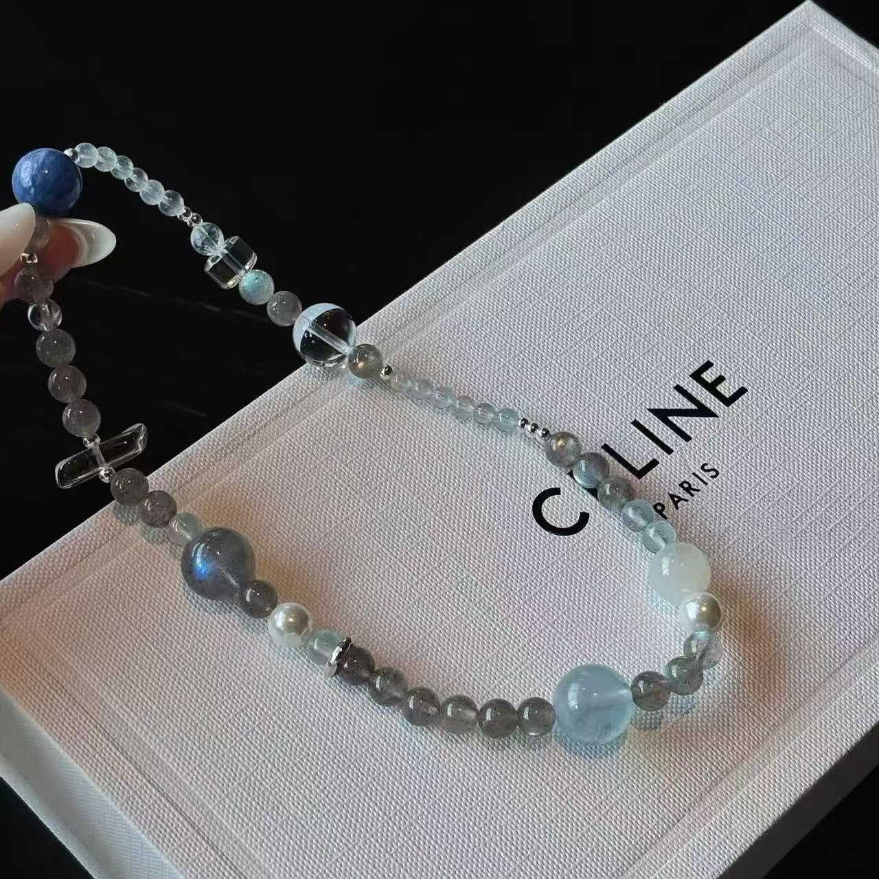 Blue Sheen Gray Moonstone x Aquamarine Triple Bracelet