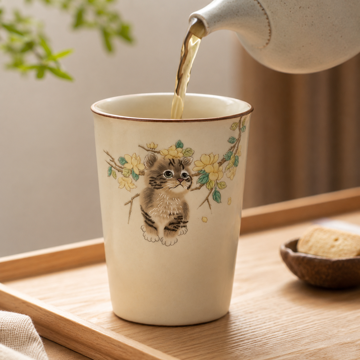 色絵黄花子猫文フリーカップ 麓庵窯工房作