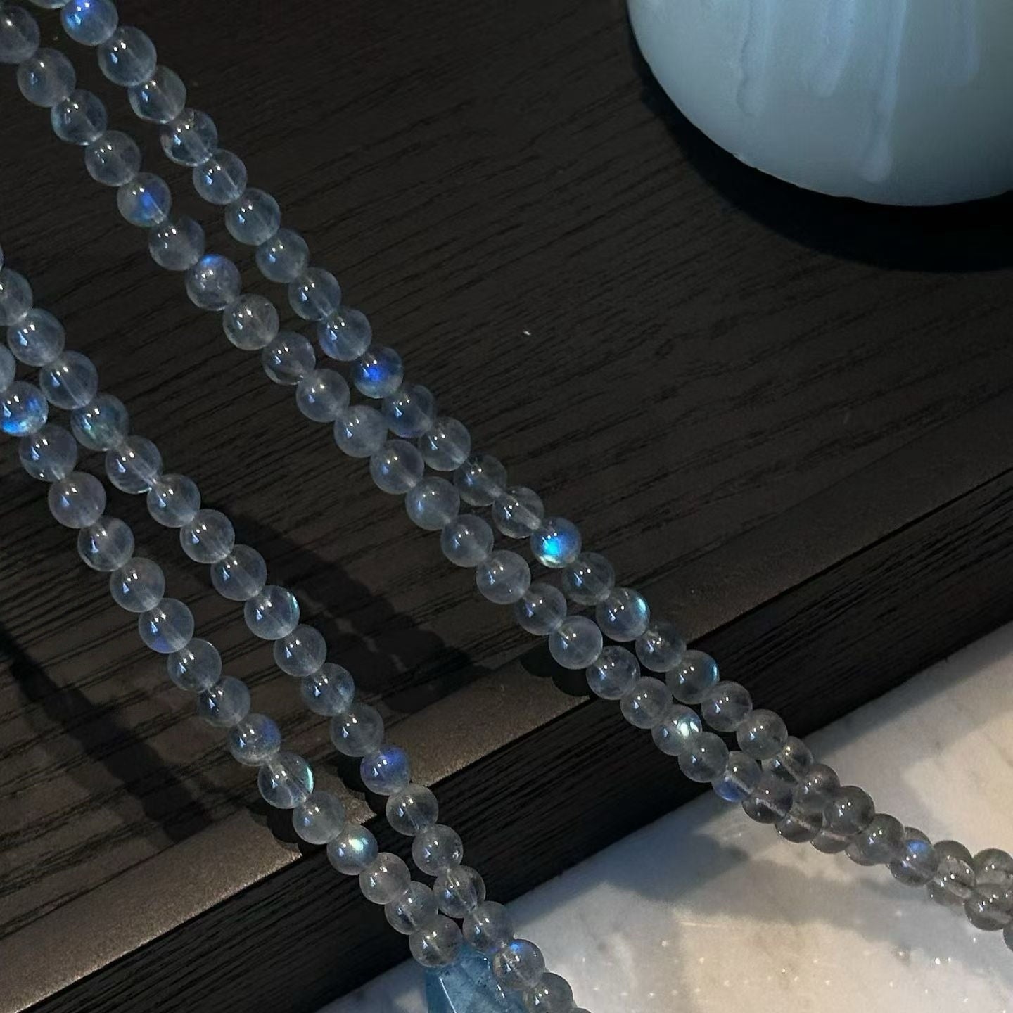 Blue Sheen Gray Moonstone x Aquamarine Triple Bracelet