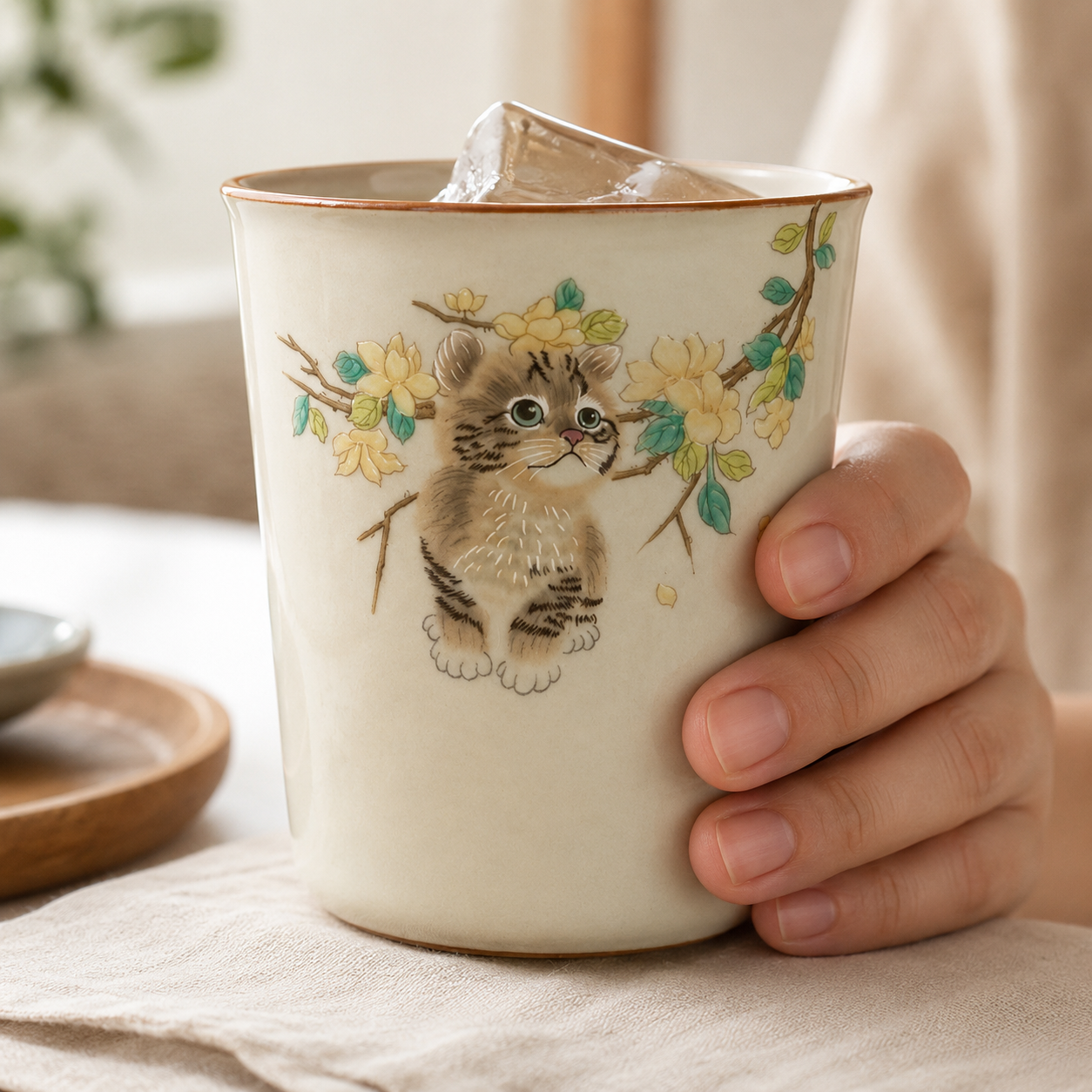 色絵黄花子猫文フリーカップ 麓庵窯工房作