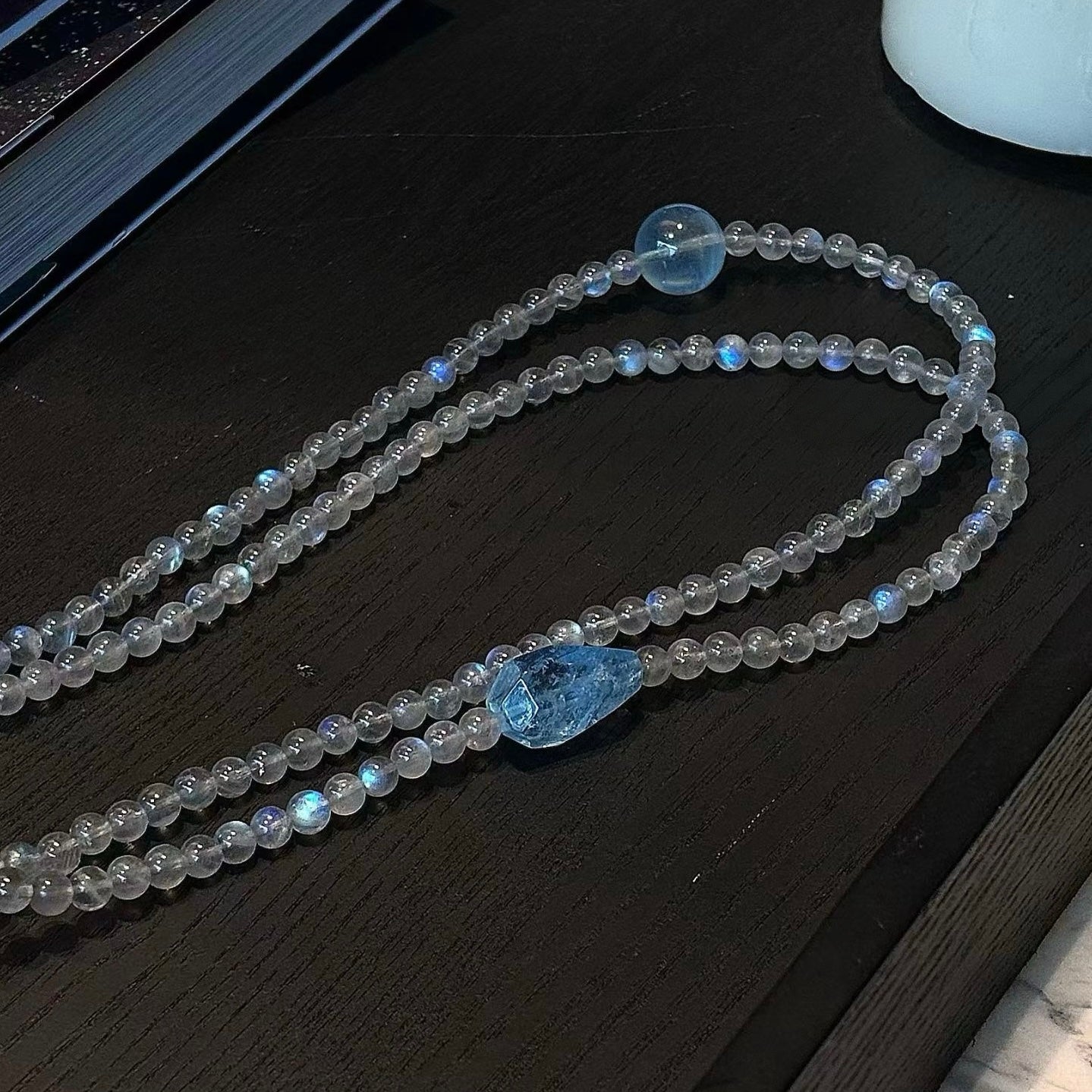 Blue Sheen Gray Moonstone x Aquamarine Triple Bracelet