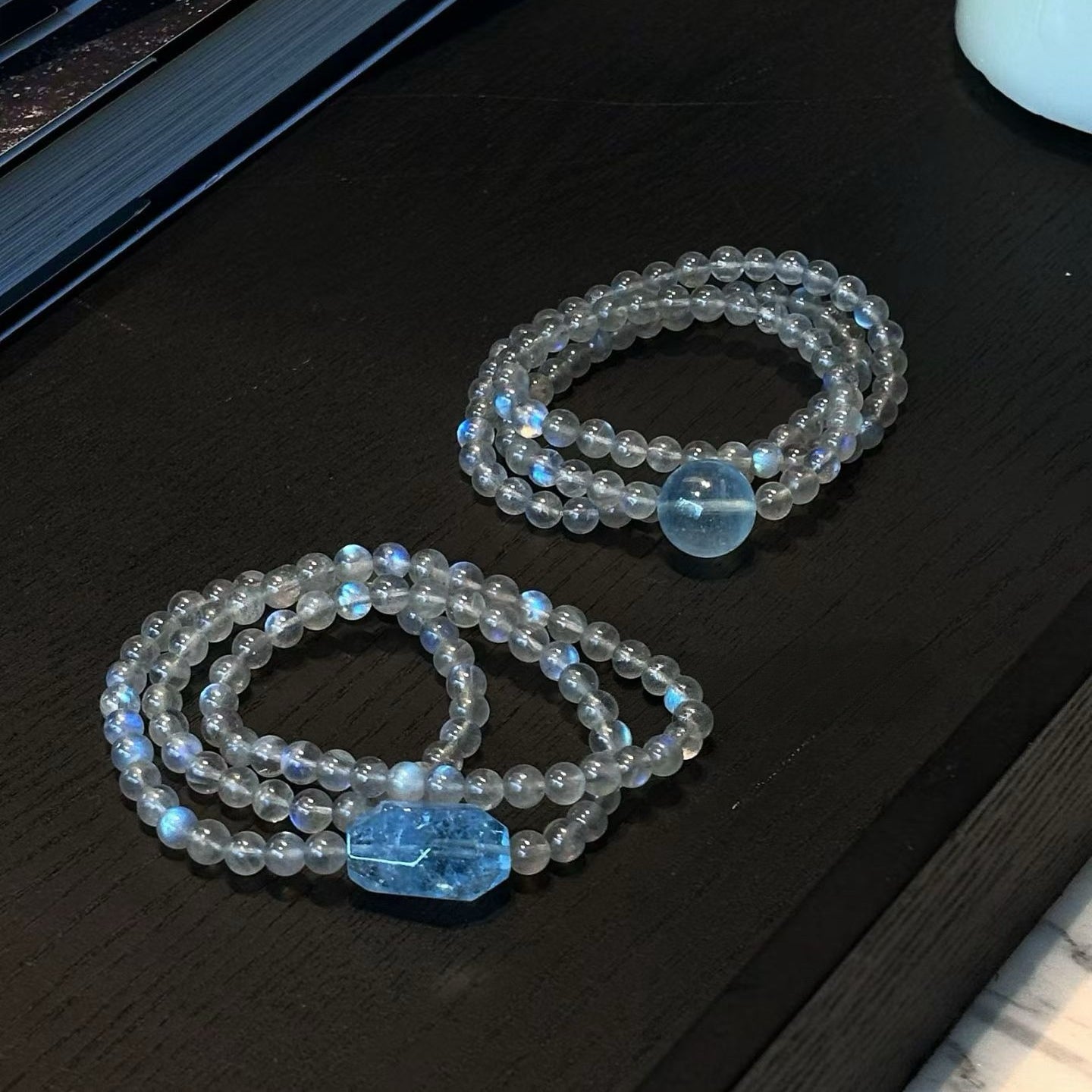 Blue Sheen Gray Moonstone x Aquamarine Triple Bracelet