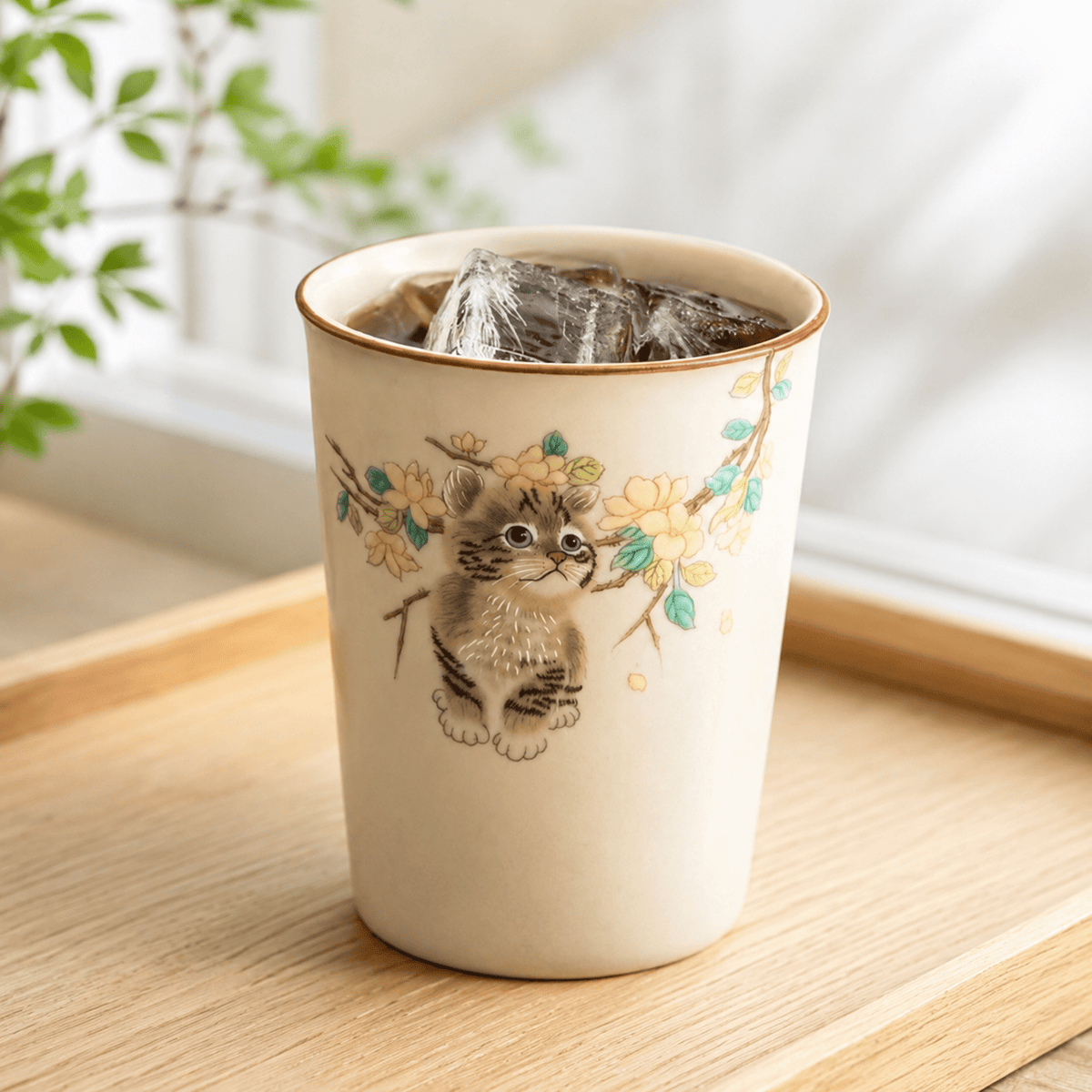 色絵黄花子猫文フリーカップ　麓庵窯工房作